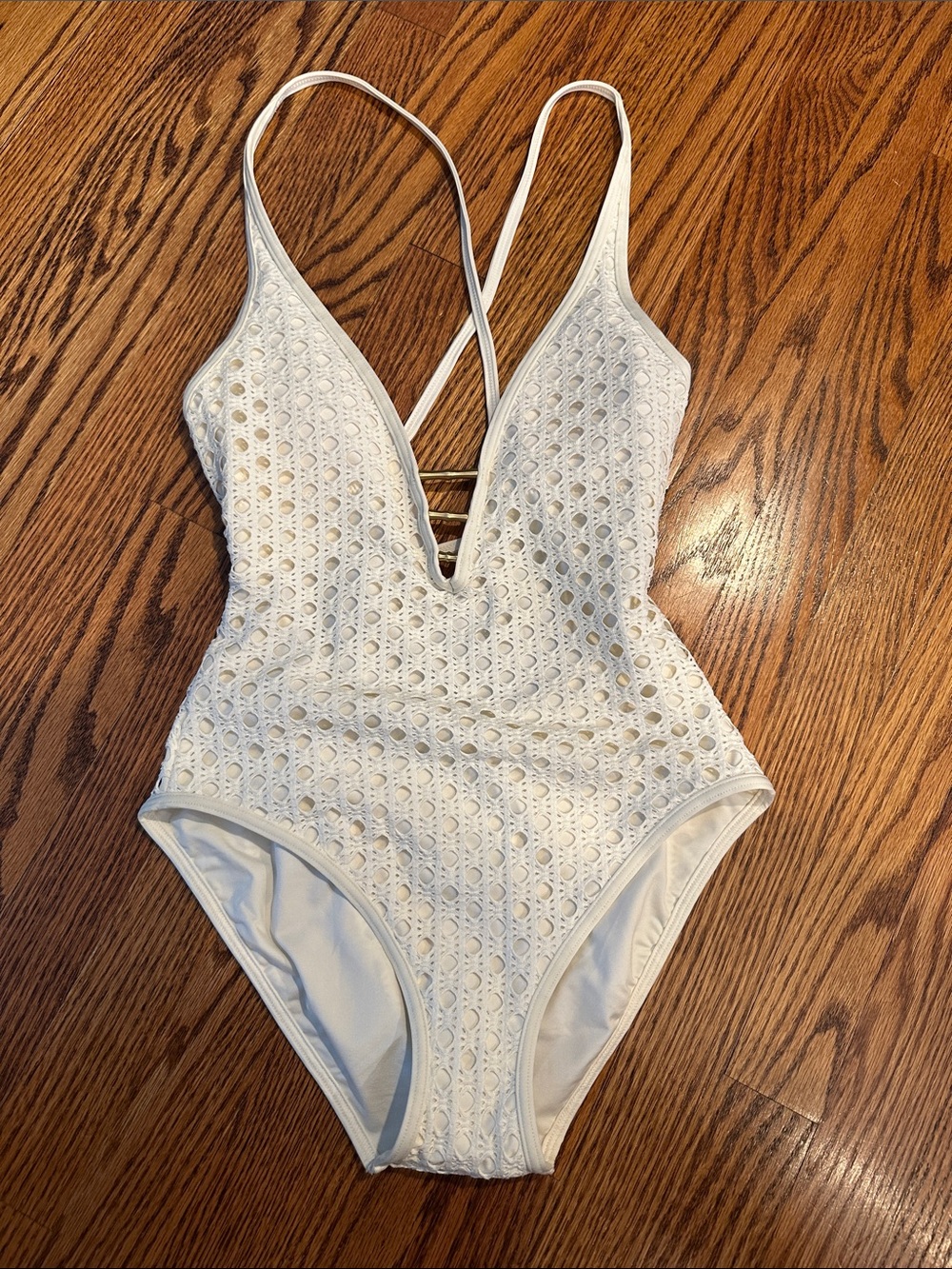 camilla & marc White Crochet One-Piece Swimsuit with Plunge Neck